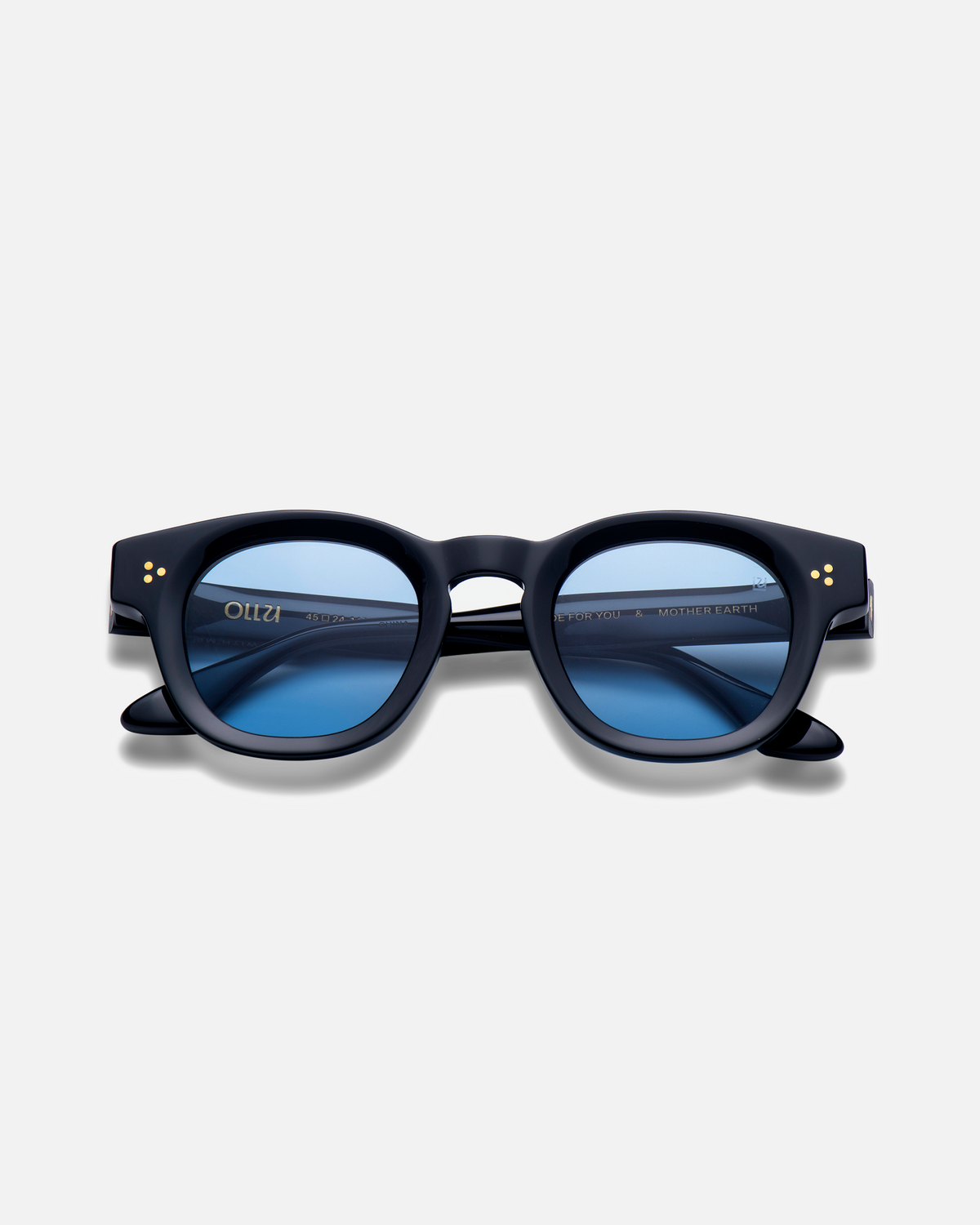 Coco black round sunglasses with light blue lenses, front view