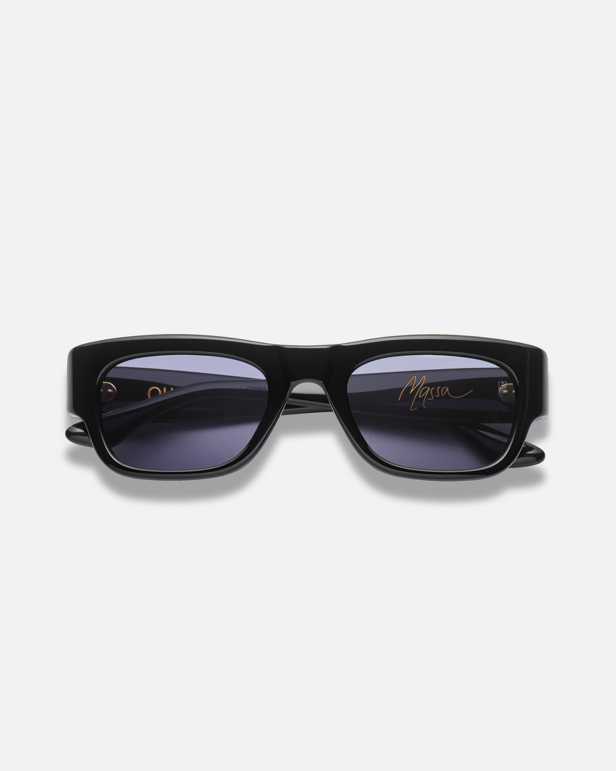 Massa black wayfarer sunglasses with dark purple lenses, front view