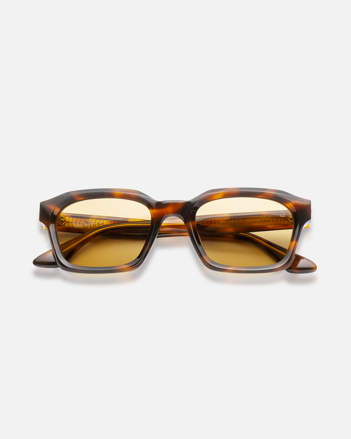 Saguaro tortoise square sunglasses with yellow lenses, front view