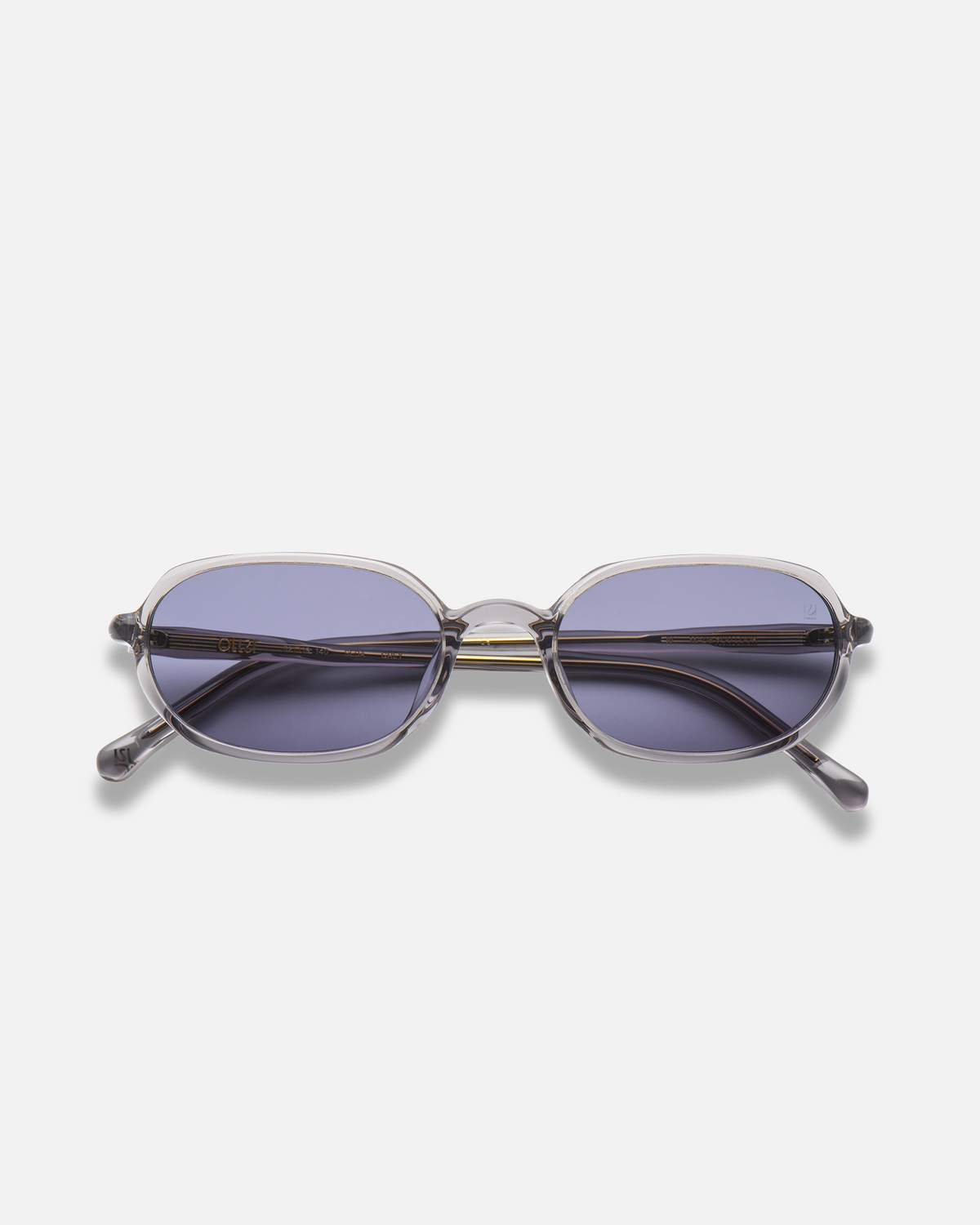 Seda gray 90s oval sunglasses with dark purple lenses, front view