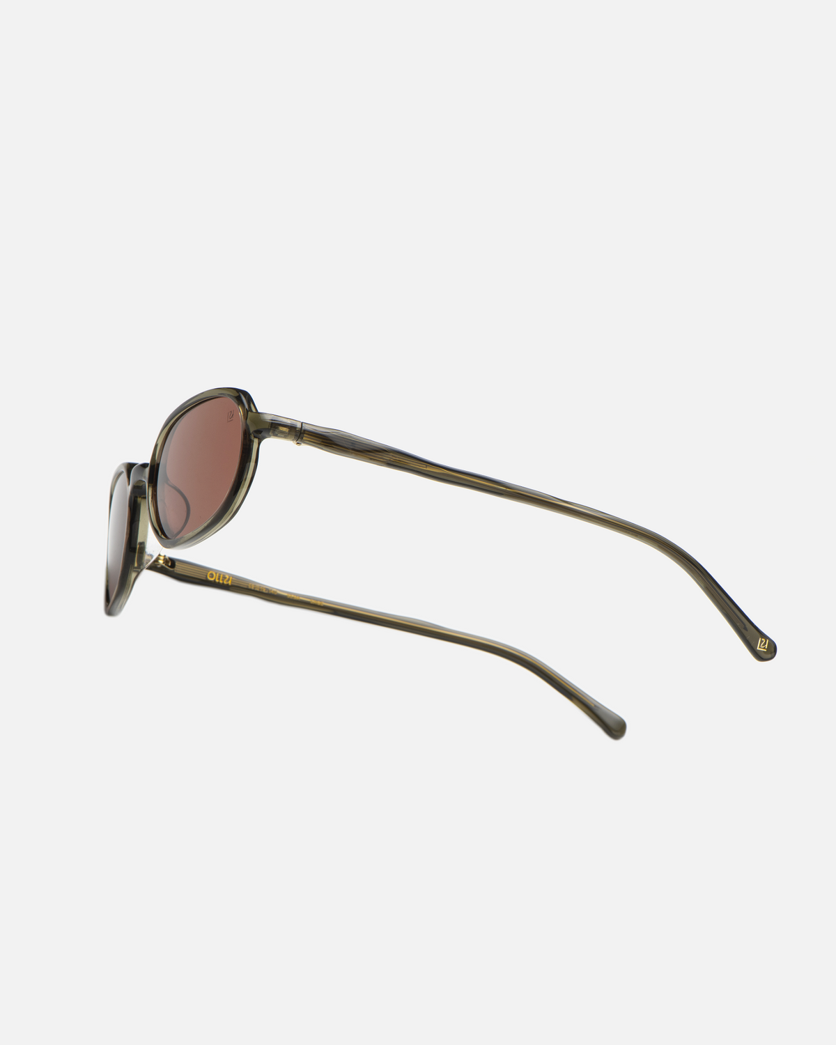 Seda sage green 90s oval sunglasses with deep cherry lenses, angled view