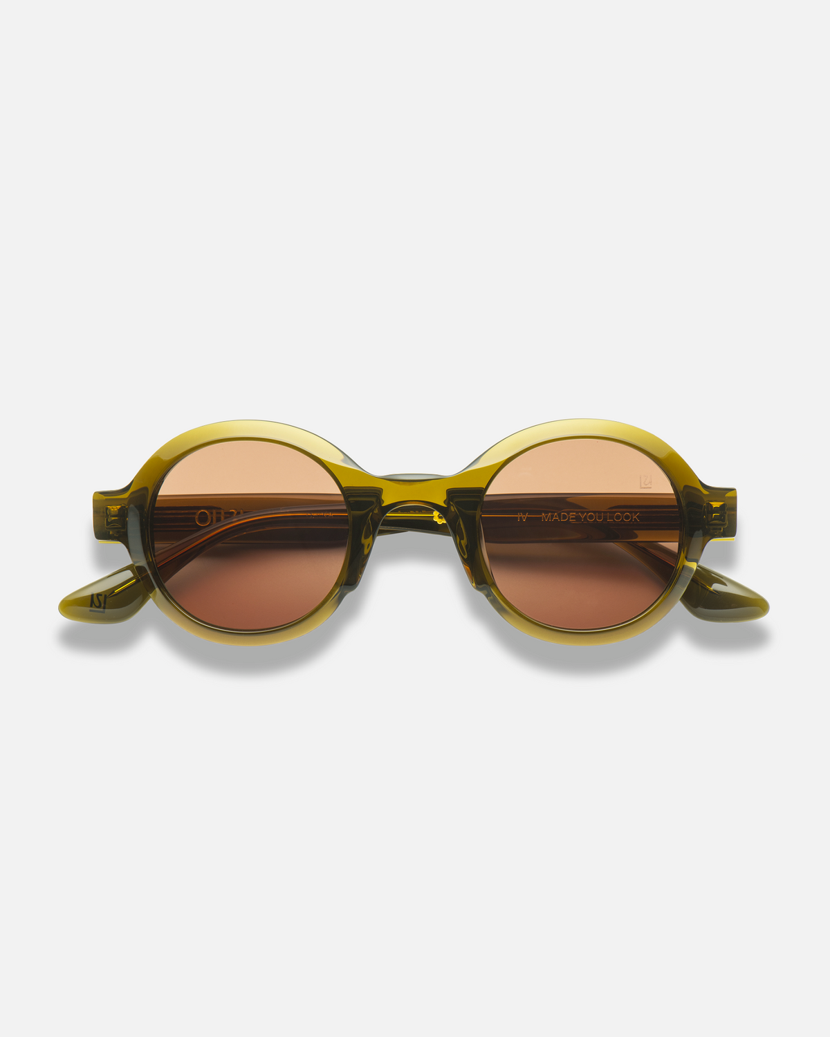 Umi olive brown narrow round sunglasses with brown lenses, front view