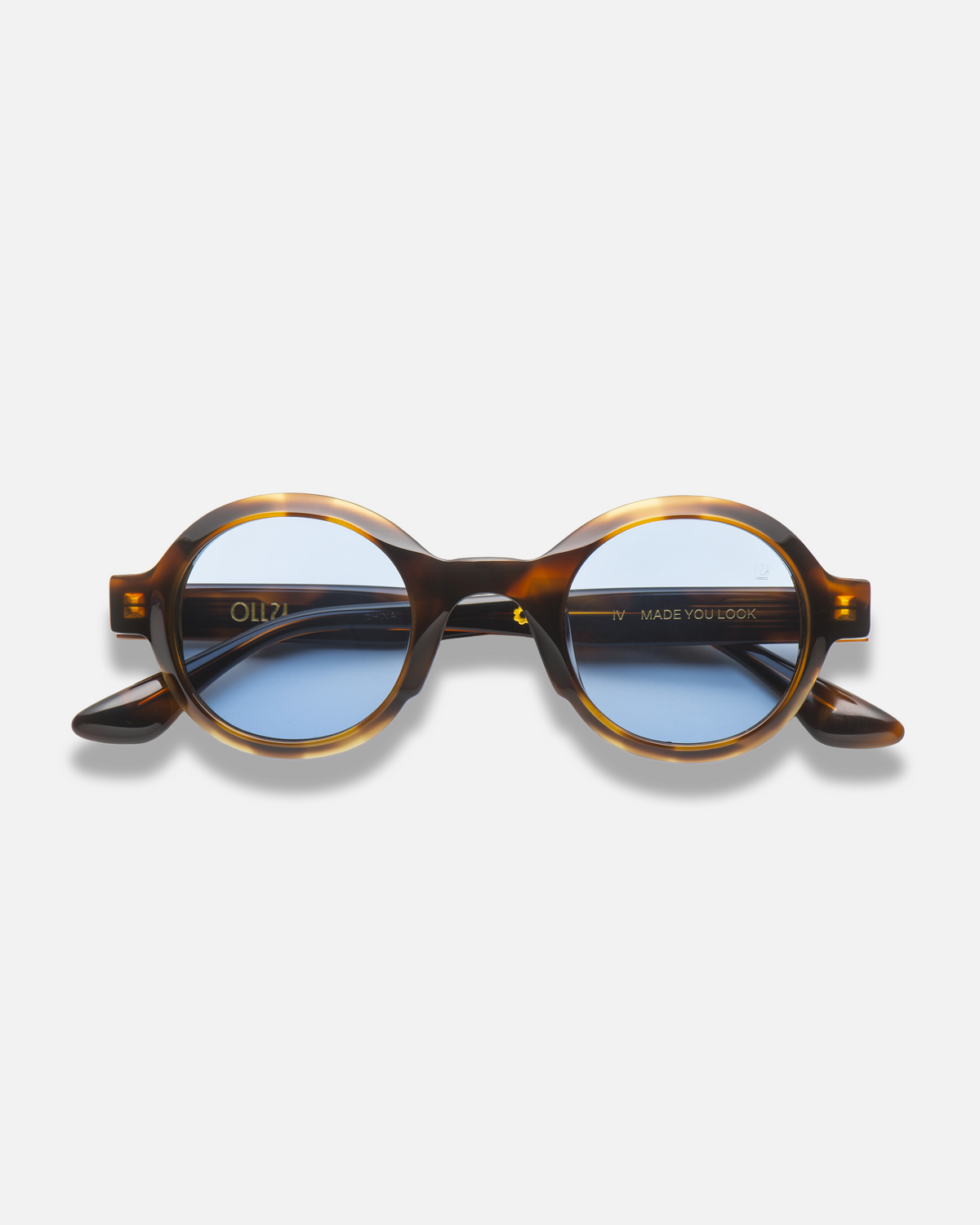 Umi tortoise narrow round sunglasses with blue lenses, front view