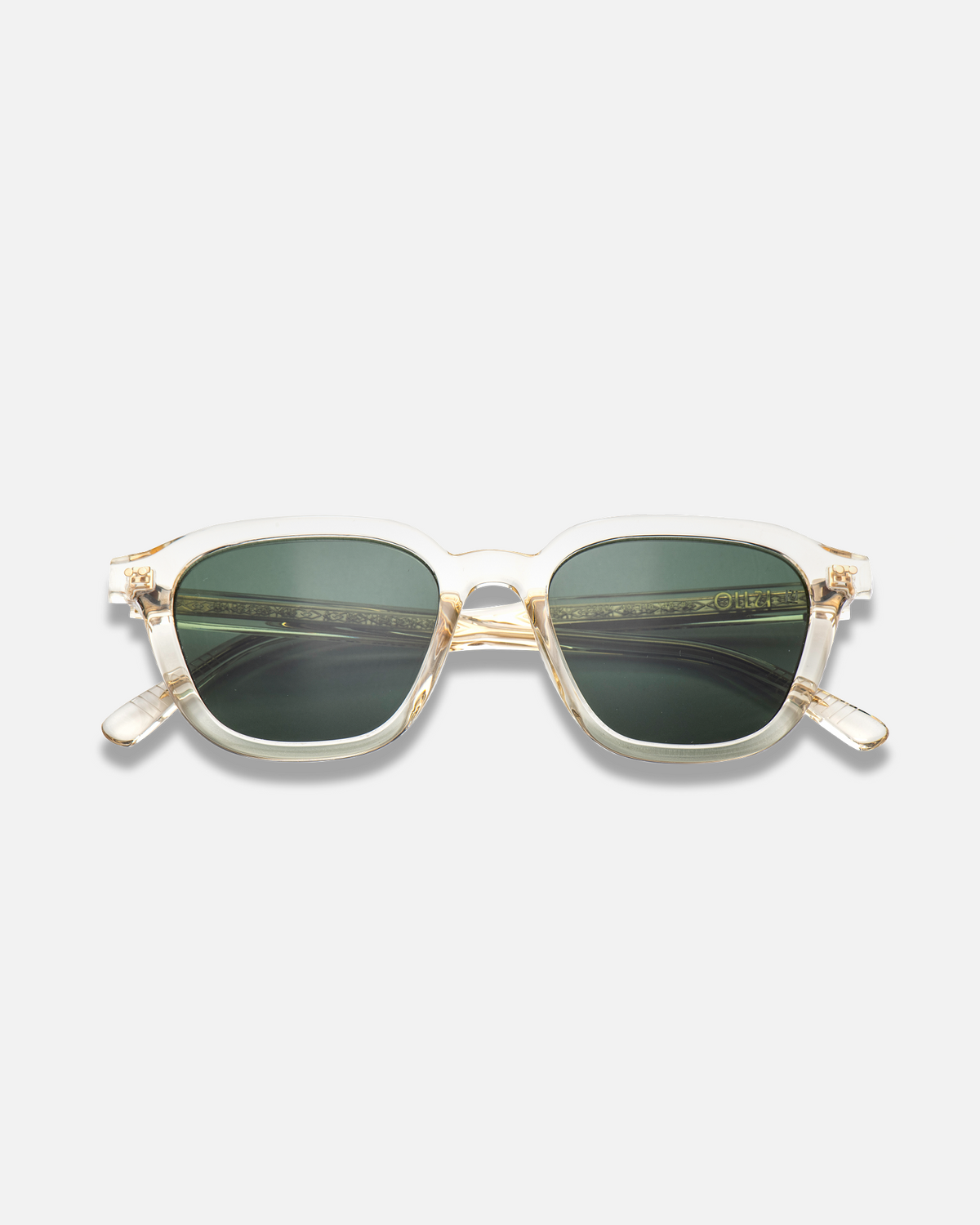 Yuzu clear rounded square sunglasses with green lenses, front view