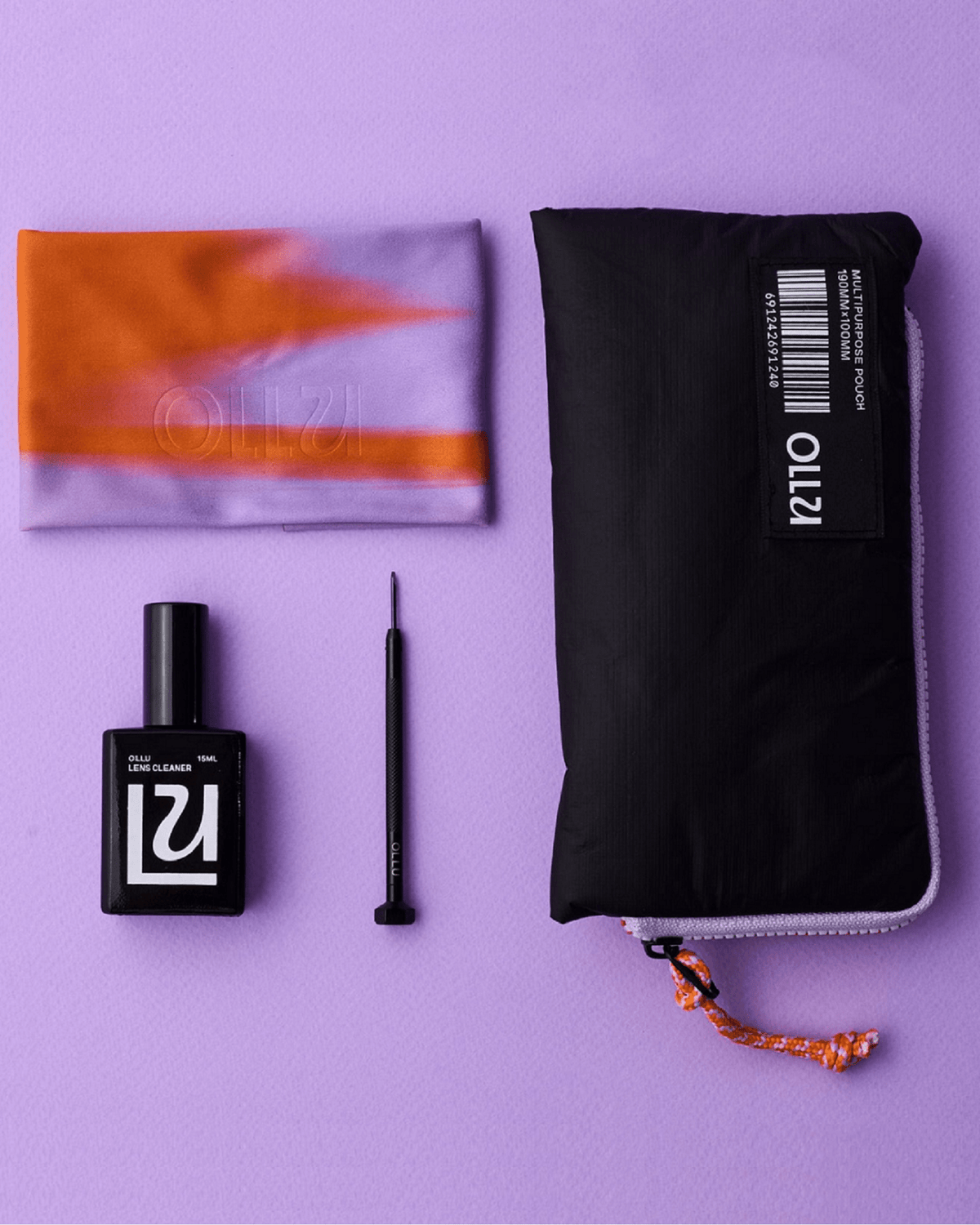Ollu cleaning and care kit with lens spray, cloth and pouch