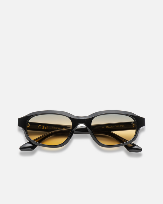 Agaté black oval cat-eye sunglasses with gradient orange-to-blue lenses, front view