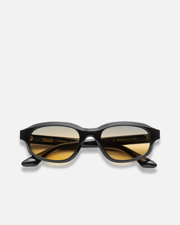 Agaté black oval cat-eye sunglasses with gradient orange-to-blue lenses, front view