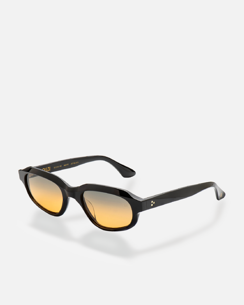Agaté black oval cat-eye sunglasses with gradient orange-to-blue lenses, side view