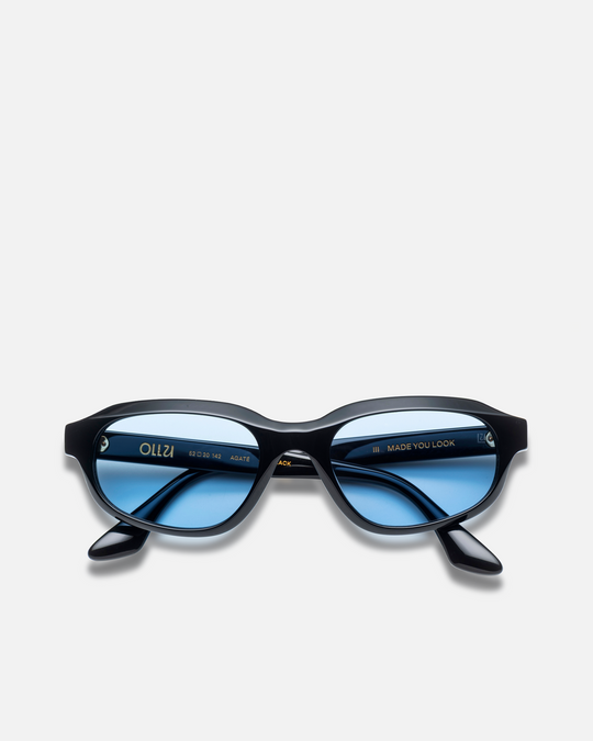 Agaté black oval cat-eye sunglasses with light blue lenses, front view