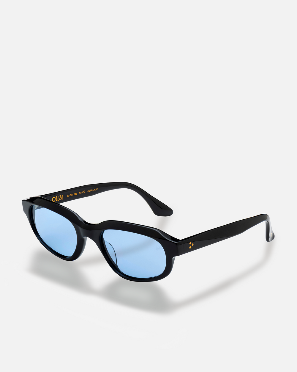 Agaté black oval cat-eye sunglasses with light blue lenses, side view