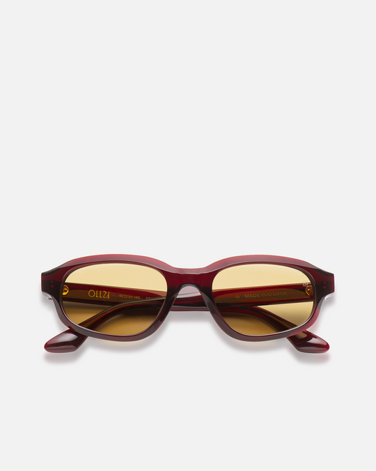 Agaté burgundy oval cat-eye sunglasses with yellow lenses, front view