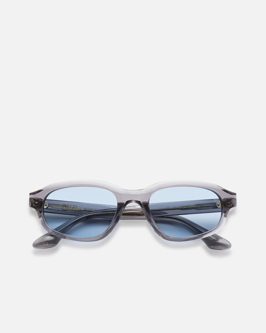 Agaté gray oval cat-eye sunglasses with light blue lenses, front view