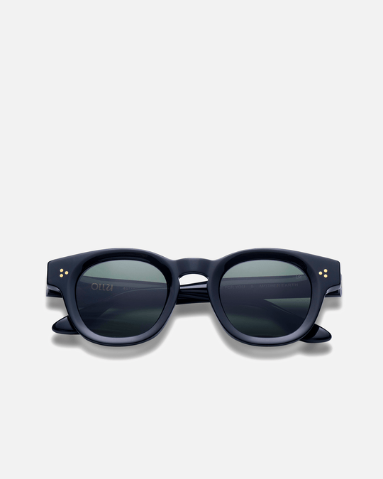 Coco black round sunglasses with black lenses, front view