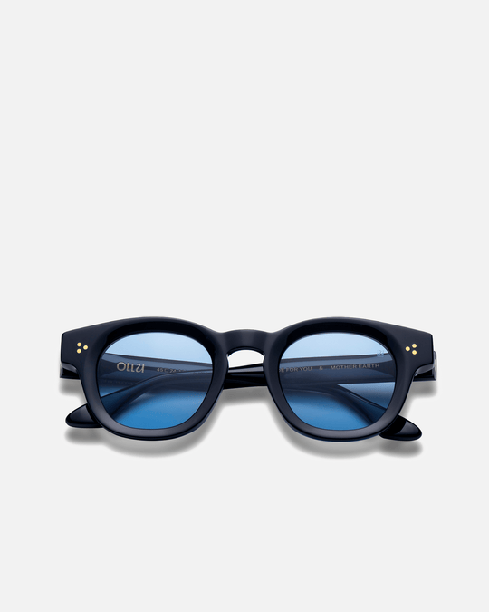 Coco black round sunglasses with light blue lenses, front view