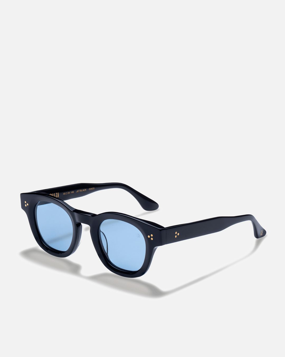 Coco black round sunglasses with light blue lenses, side view