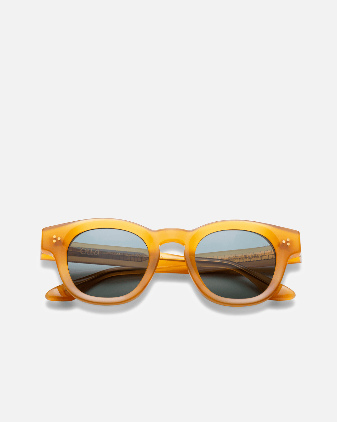 Coco honey yellow round sunglasses with green lenses, front view