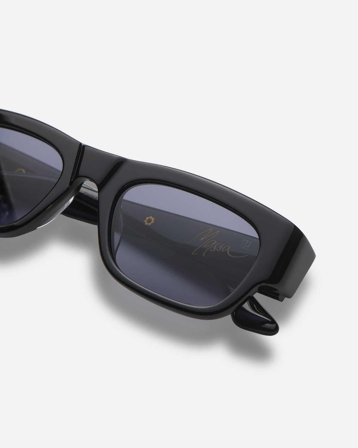 Massa black wayfarer sunglasses with dark purple lenses, angled view