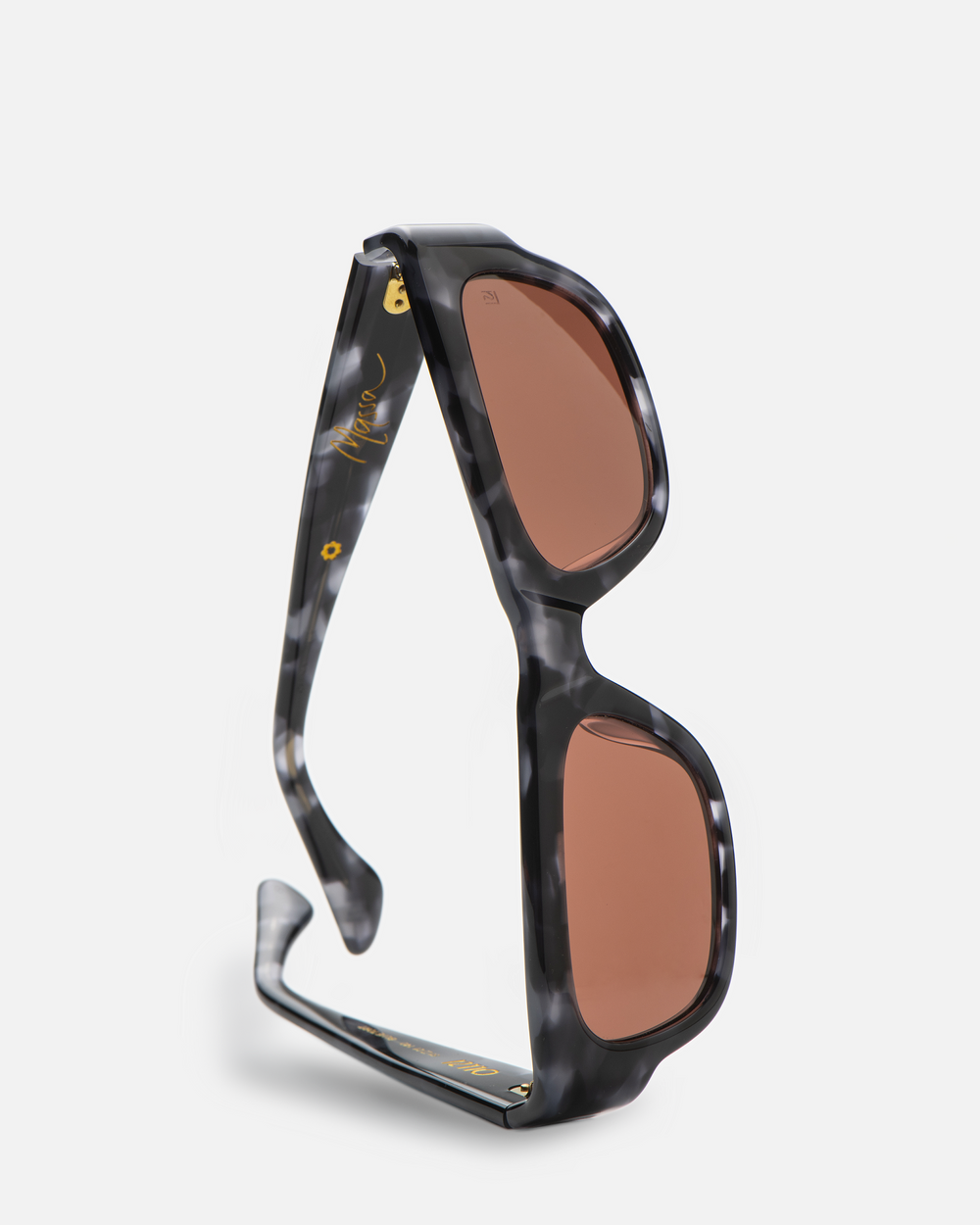 Massa blue tortoise wayfarer sunglasses with deep cherry lenses, angled view