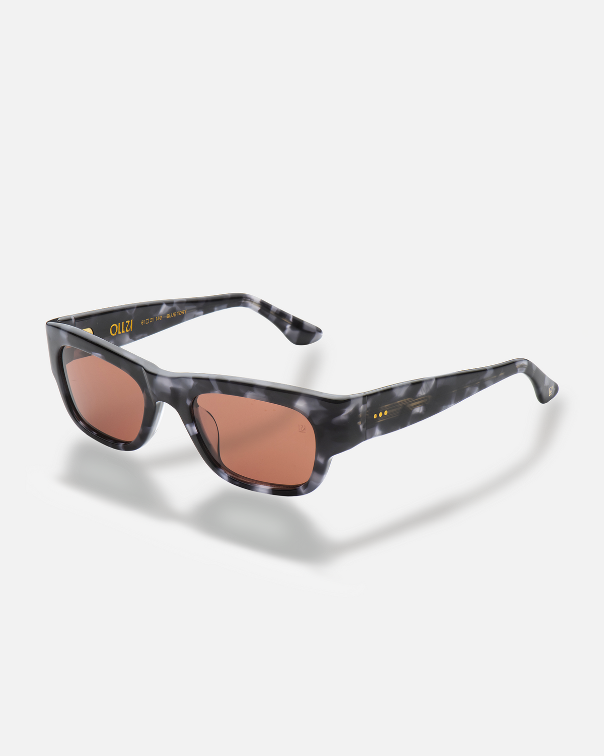 Massa blue tortoise wayfarer sunglasses with deep cherry lenses, side view