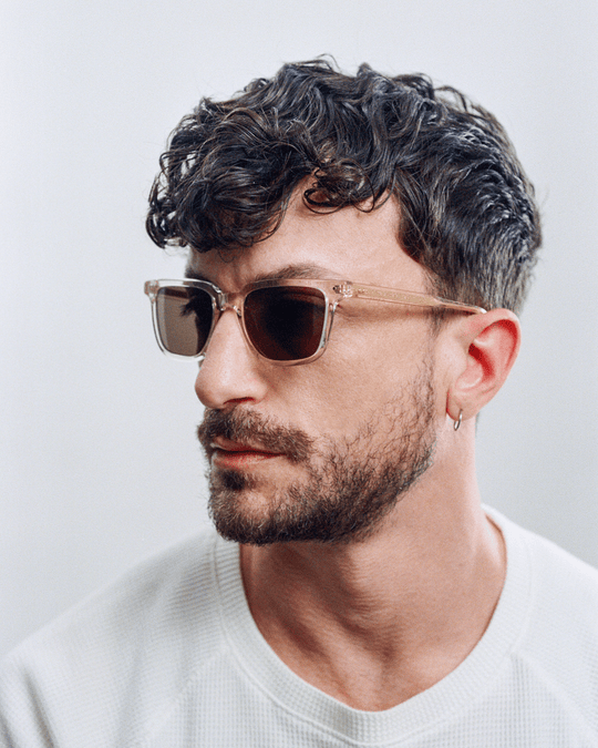 Man wearing Pepino clear rectangle sunglasses with brown lenses, look 4