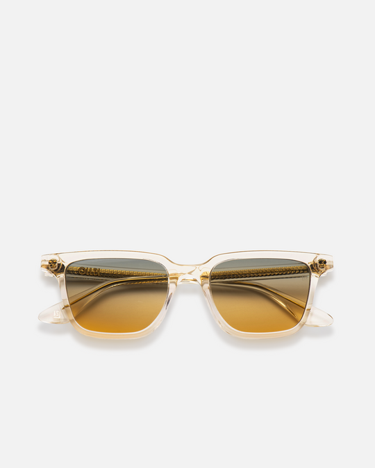 Pepino clear rectangle sunglasses with gradient orange-to-blue lenses, front view