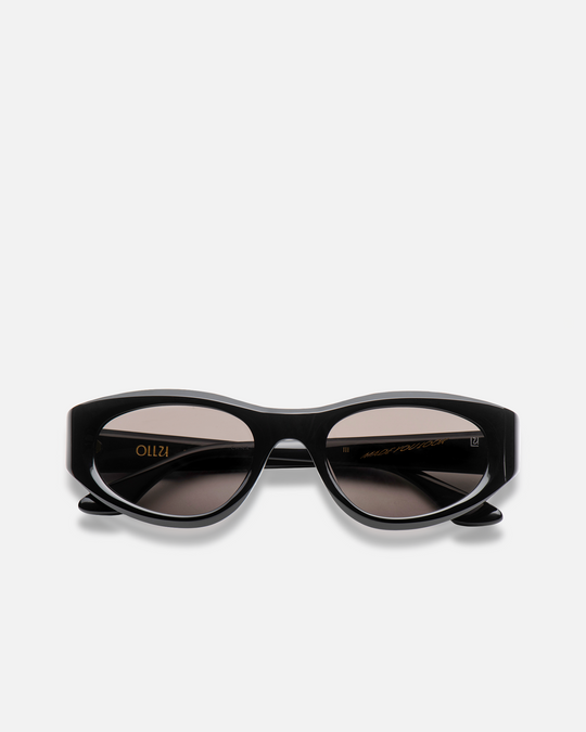 Pomé black oval wrap sunglasses with black lenses, front view