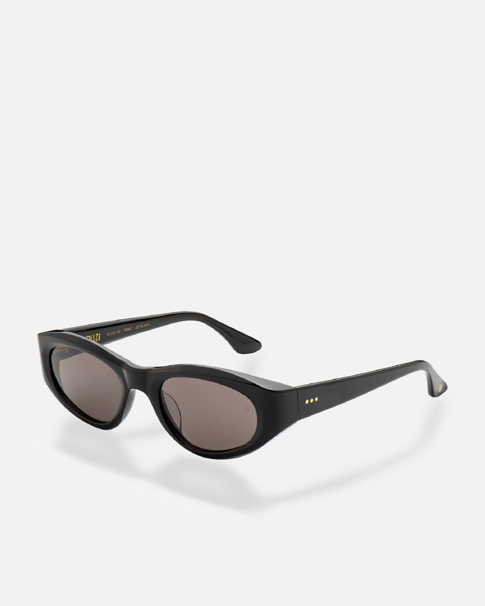 Pomé black oval wrap sunglasses with black lenses, side view
