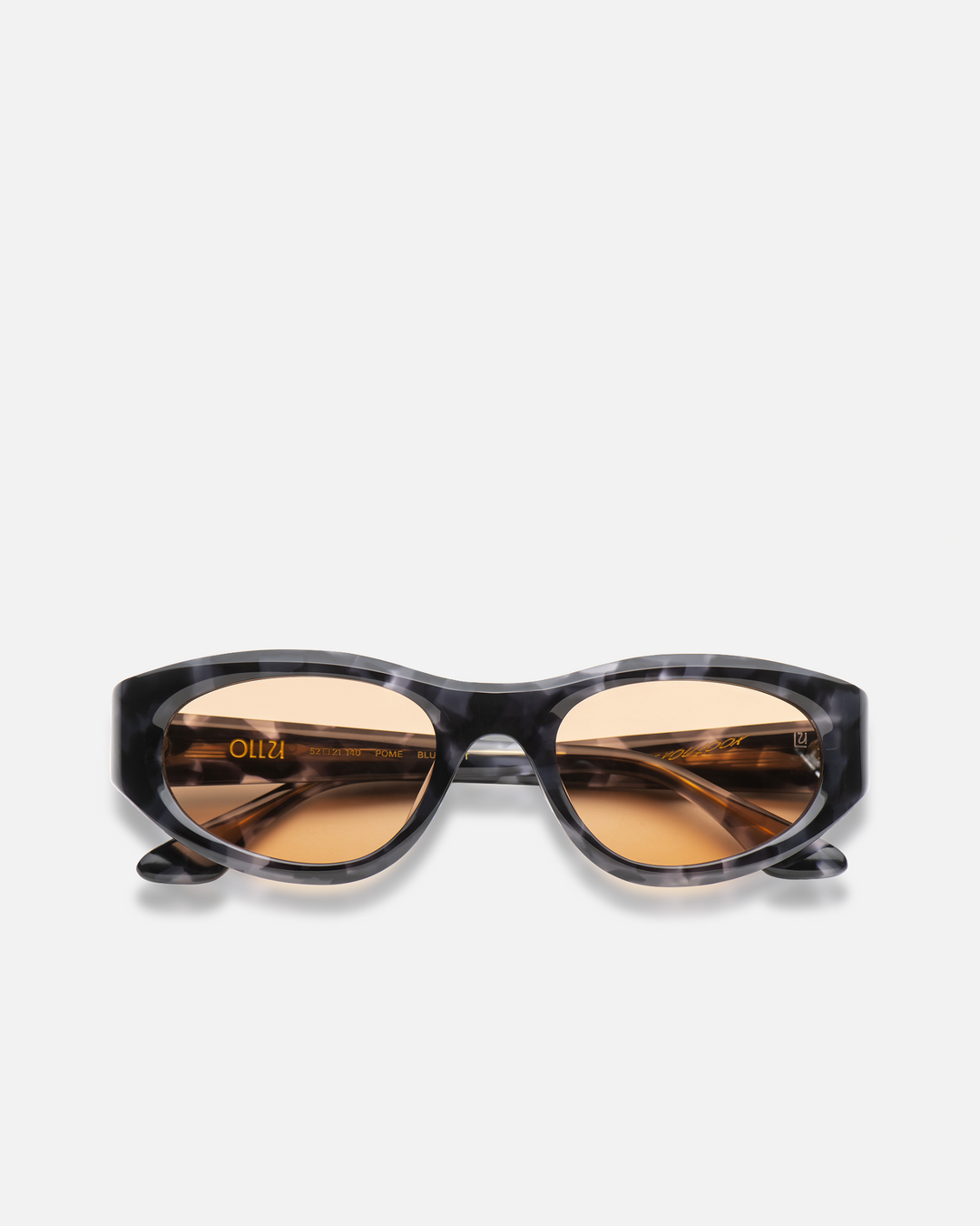 Pomé blue tortoise oval wrap sunglasses with orange lenses, front view