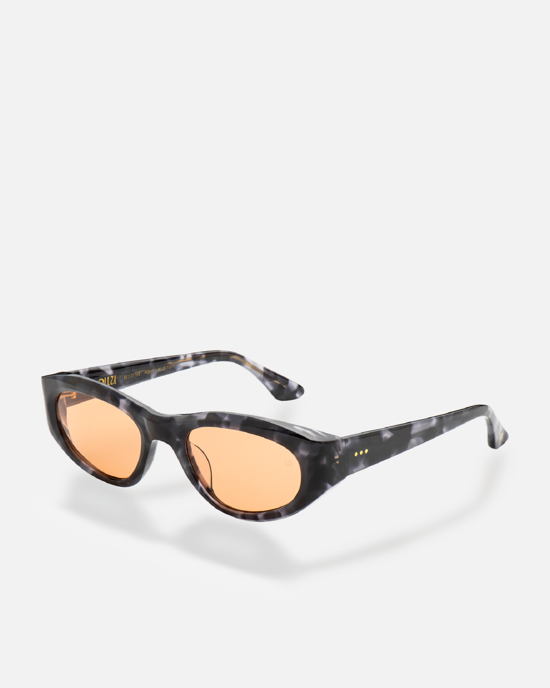 Pomé blue tortoise oval wrap sunglasses with orange lenses, side view
