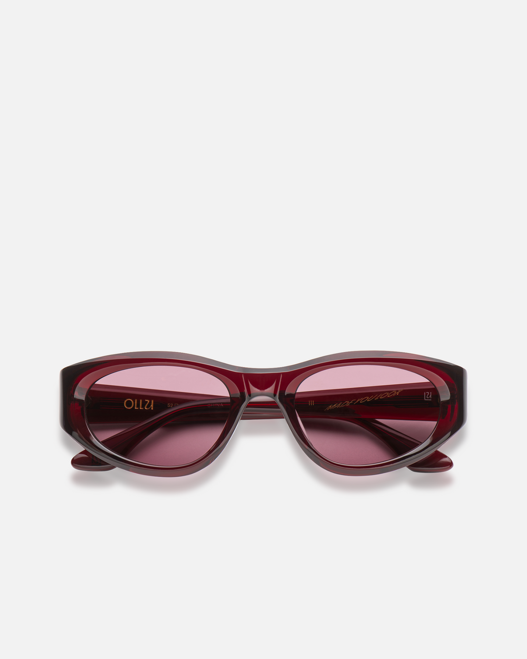 Pomé burgundy oval wrap sunglasses with red lenses, front view