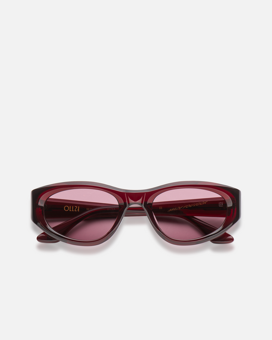 Pomé burgundy oval wrap sunglasses with red lenses, front view