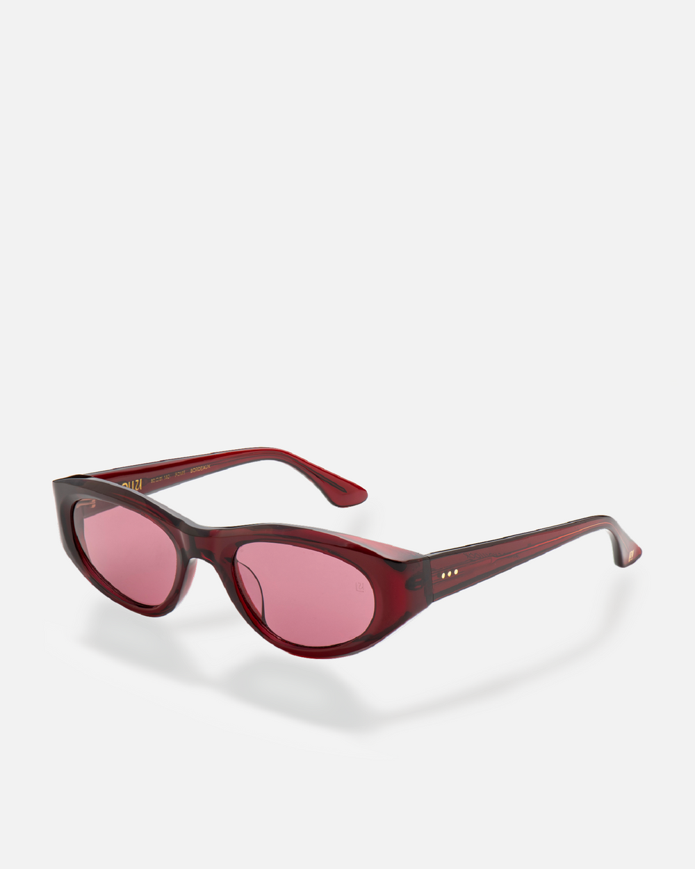Pomé burgundy oval wrap sunglasses with red lenses, side view