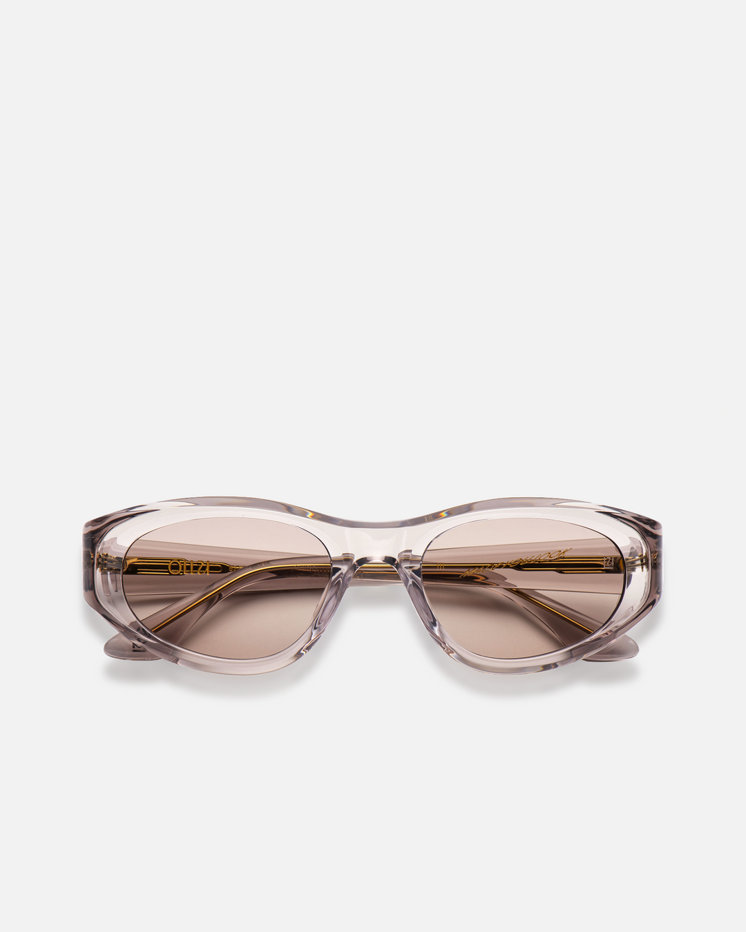 Pomé gray oval wrap sunglasses with light gray lenses, front view