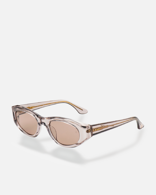 Pomé gray oval wrap sunglasses with light gray lenses, side view