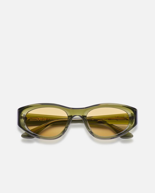 Pomé green oval wrap sunglasses with yellow lenses, front view