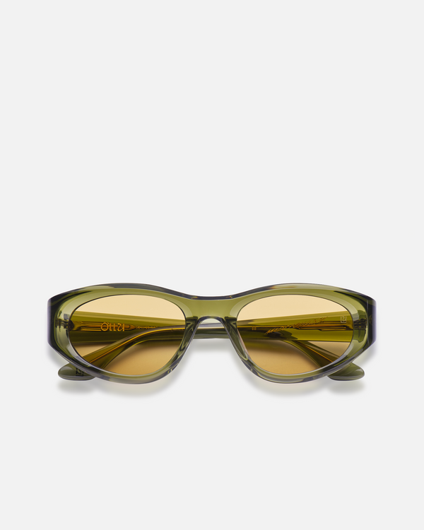Pomé green oval wrap sunglasses with yellow lenses, front view