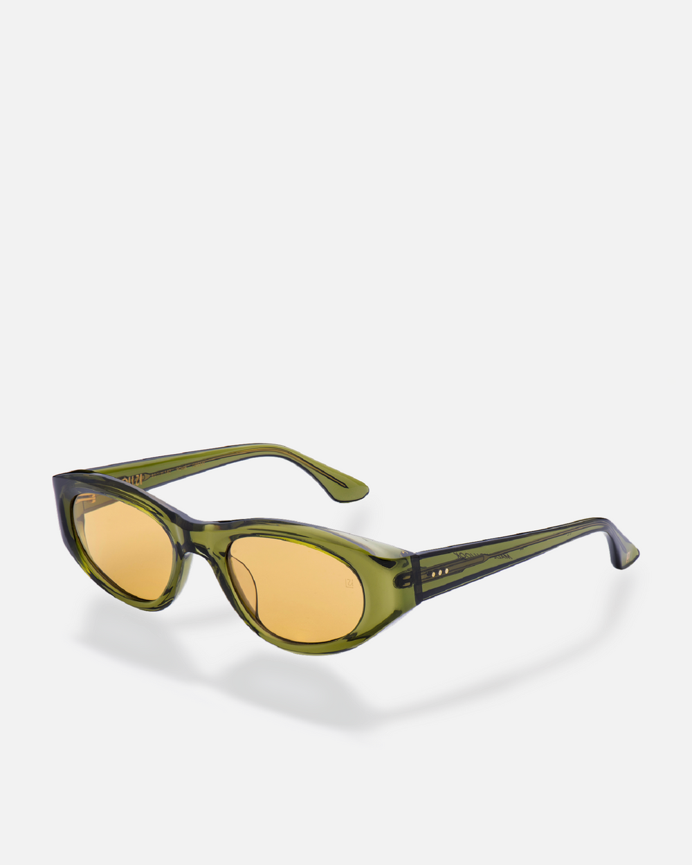 Pomé green oval wrap sunglasses with yellow lenses, side view