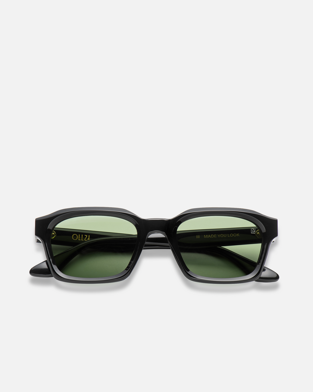 Saguaro black square sunglasses with green lenses, front view