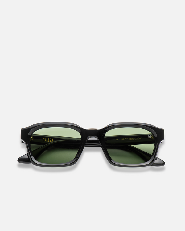 Saguaro black square sunglasses with green lenses, front view