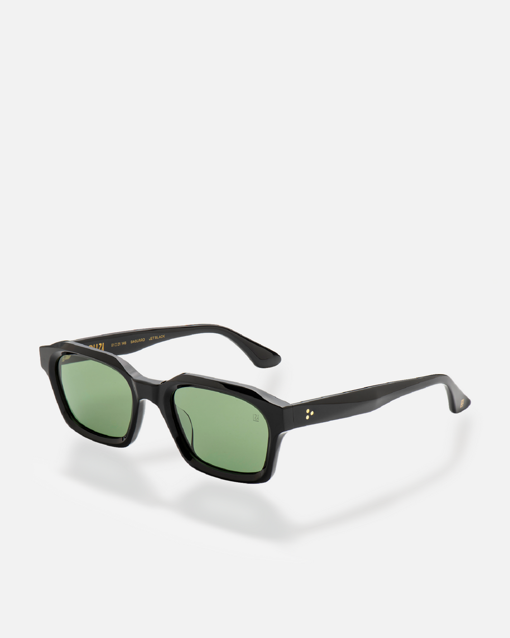 Saguaro black square sunglasses with green lenses, side view