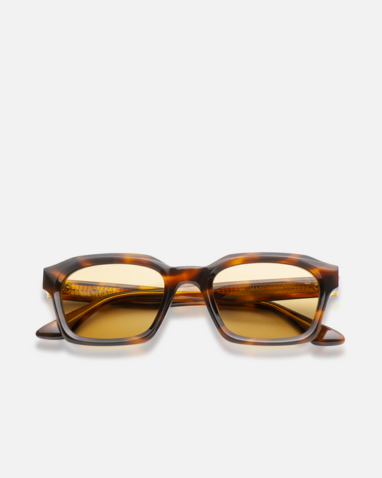 Saguaro tortoise square sunglasses with yellow lenses, front view