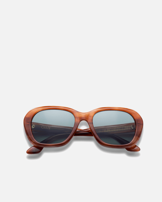 Tamar light brown round sunglasses with green lenses, front view