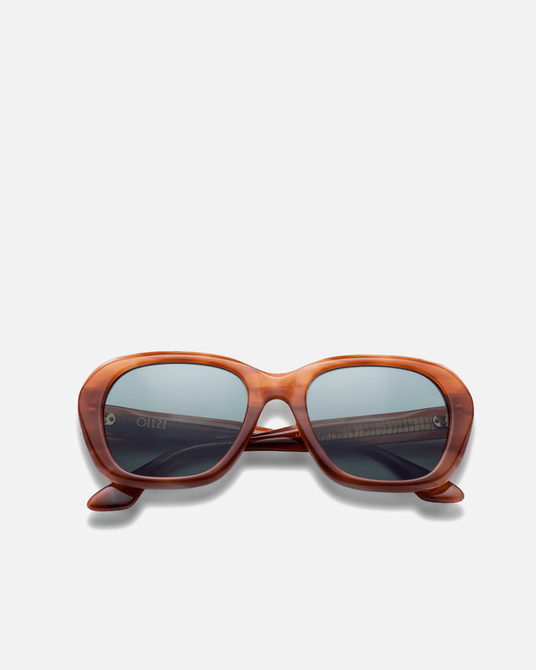 Tamar light brown round sunglasses with green lenses, front view