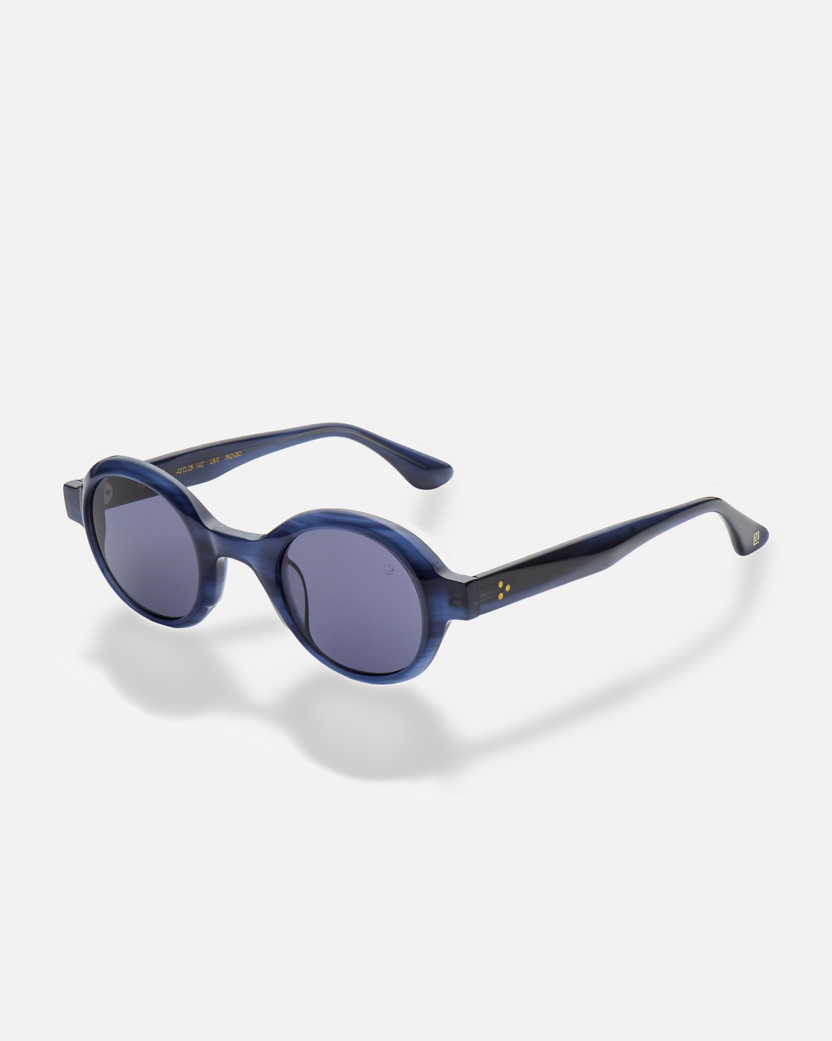 Umi navy narrow round sunglasses with dark purple lenses, side view