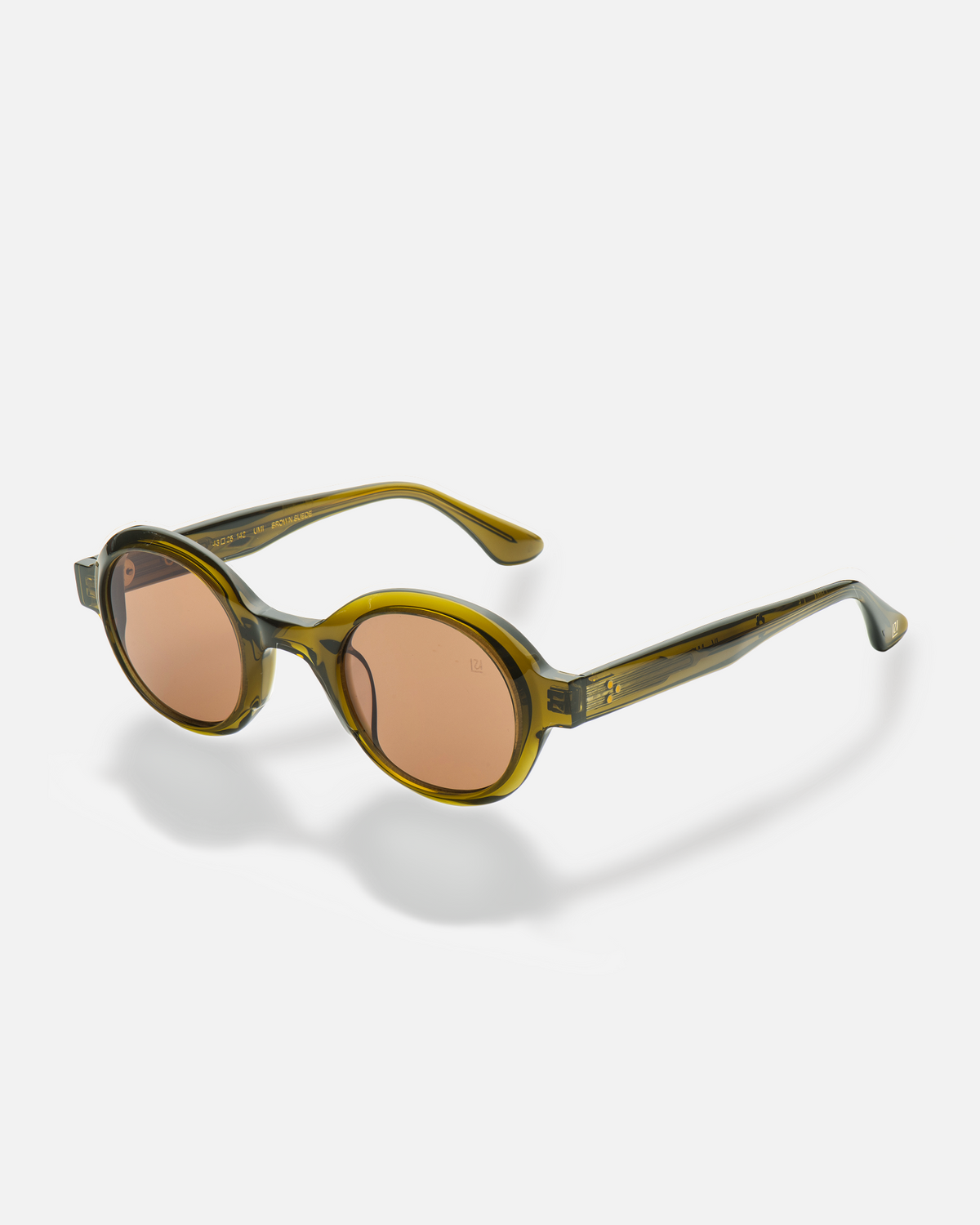 Umi olive brown narrow round sunglasses with brown lenses, side view
