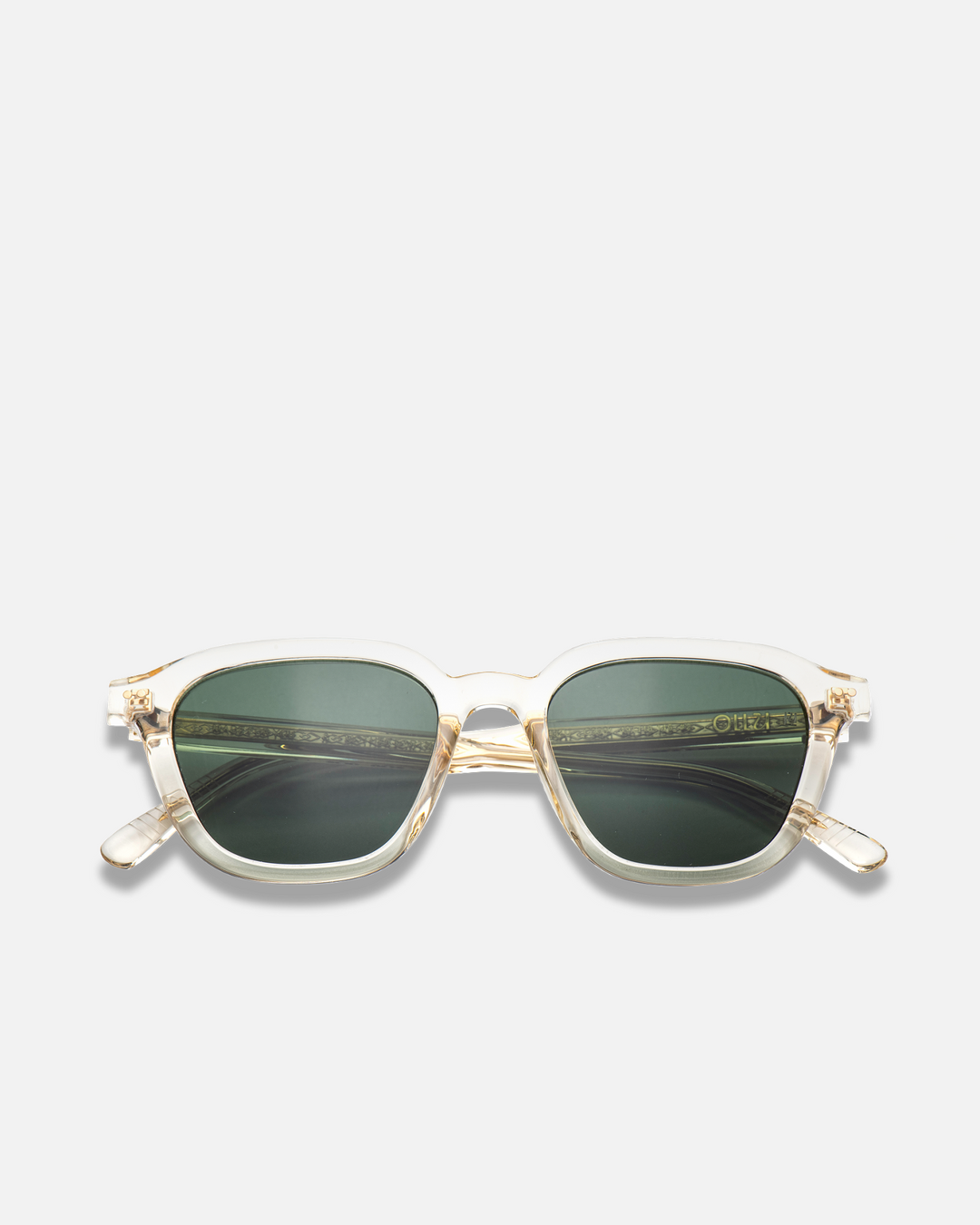 Yuzu clear rounded square sunglasses with green lenses, front view