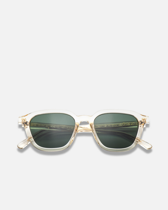 Yuzu clear rounded square sunglasses with green lenses, front view