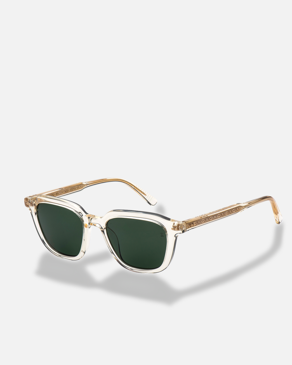 Yuzu clear rounded square sunglasses with green lenses, side view