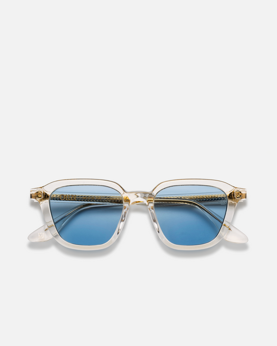 Yuzu clear rounded square sunglasses with light blue lenses, front view