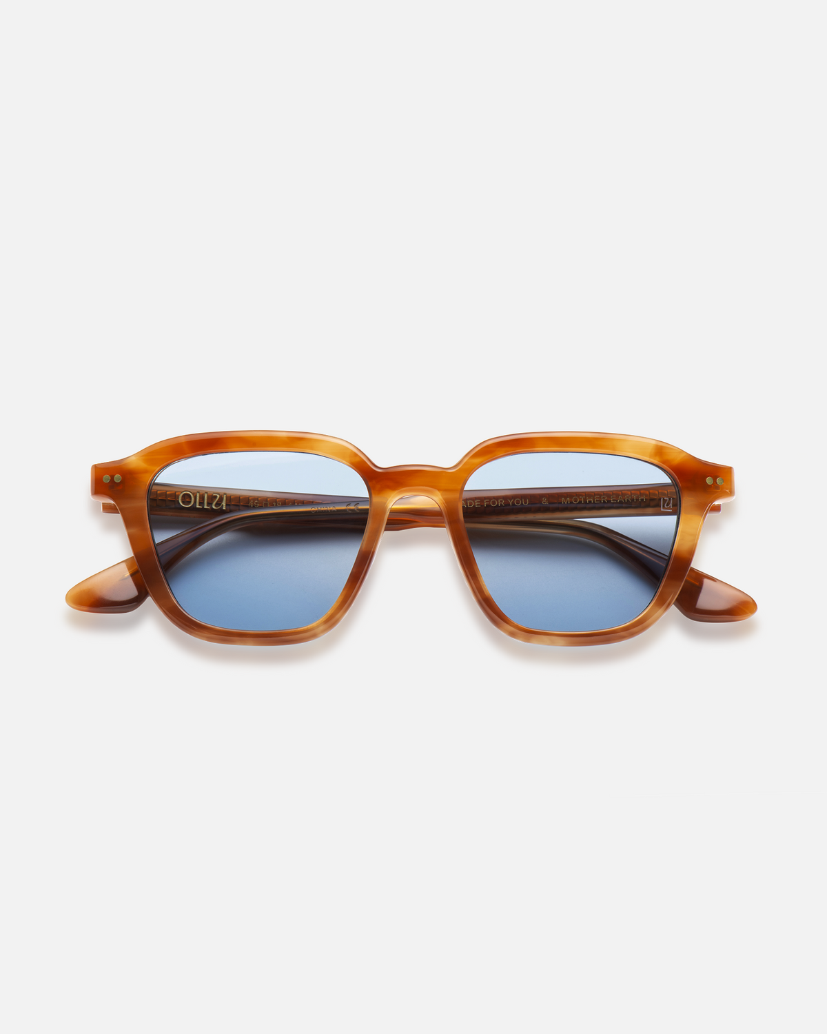 Yuzu light brown rounded square sunglasses with light blue lenses, front view